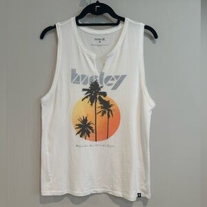 Hurley Women’s White Tank Top with Palm Tree Graphic, Size Small